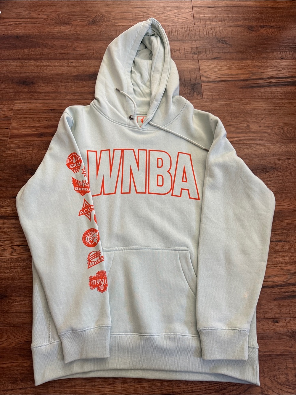 Adult Playa Society WNBA Logo Pullover Hoodie - Light Blue w/ Orange Print sz: L